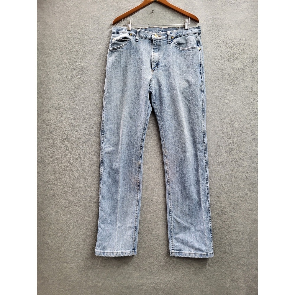 Wrangler Men Jeans 35X34 Light Blue Denim Straight 1071MCSB 33" Inseam